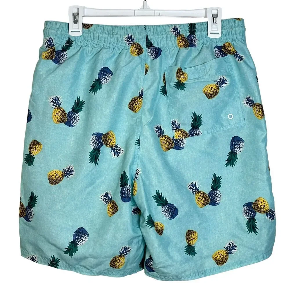 Old Navy Men's Swim Trunks Medium Blue Green Pineapple Print Elastic Waist